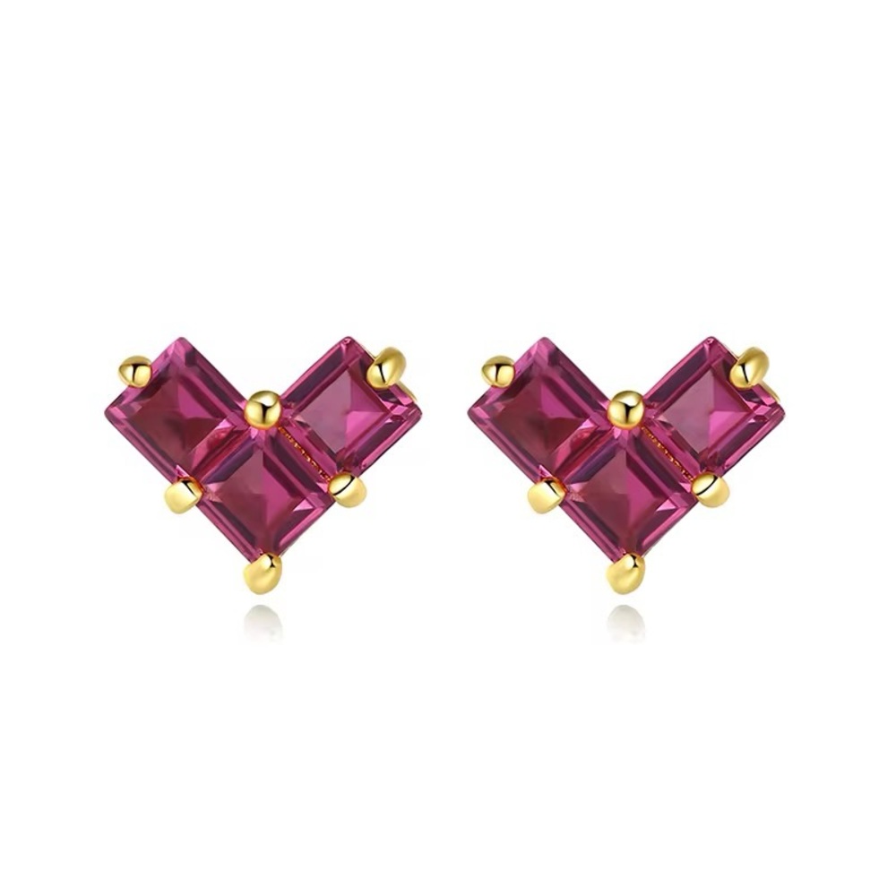 •Delicate Top Quality 925 Silver Vermeil Red CZ Stone Beloved Heart Stud Earring